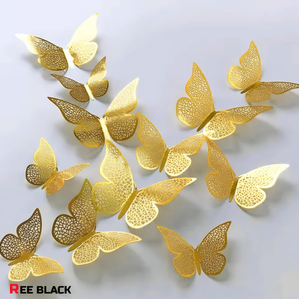 REE BLACK 12pcs 3D Golden Butterfly Wall Decor sticker | premium shimmer metal for bedroom, room decor