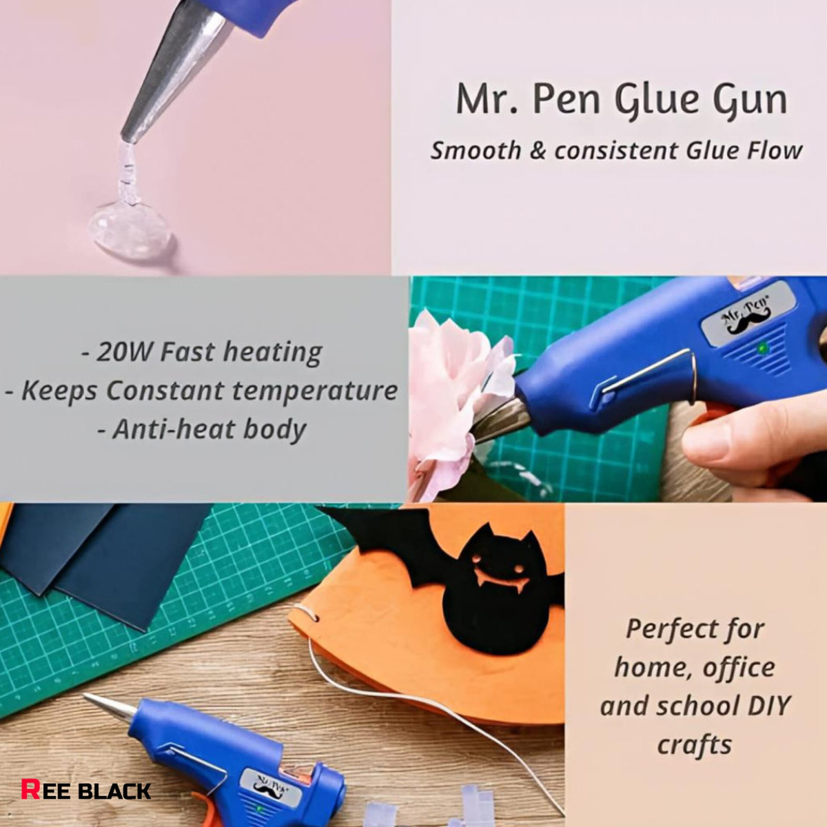 REE BLACK 20W Hot Glue Gun + 5 FREE Glue Sticks