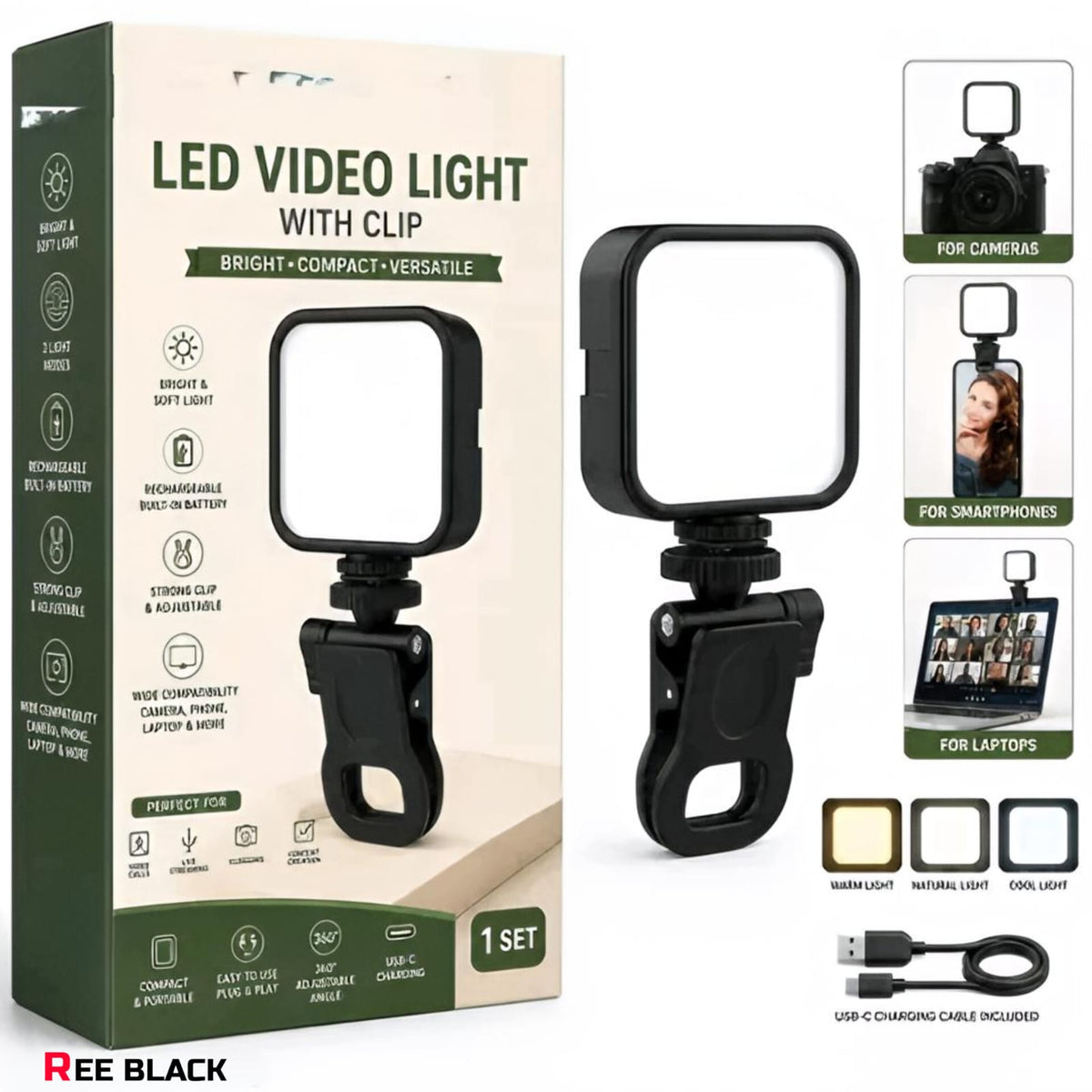 Mini Clip On LED Video Light with RGB - Rechargeable Selfie Light for Phone, Camera, Laptop | 3 Color Modes 8 RGB Colors
