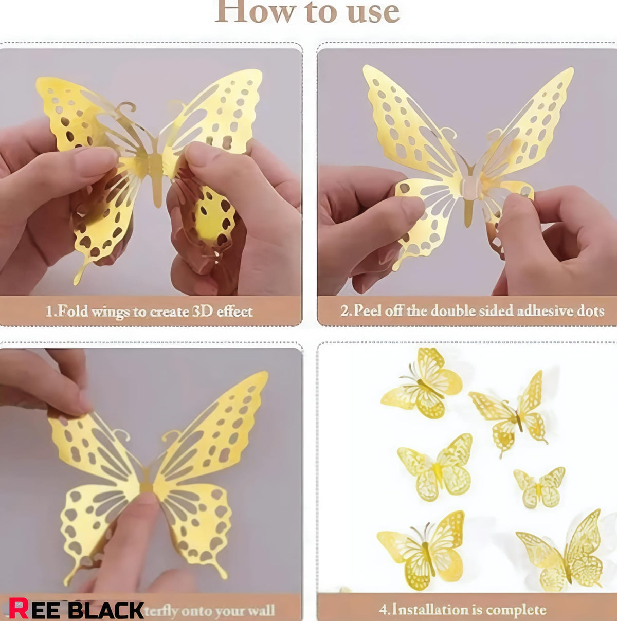 REE BLACK 12pcs 3D Golden Butterfly Wall Decor sticker | premium shimmer metal for bedroom, room decor